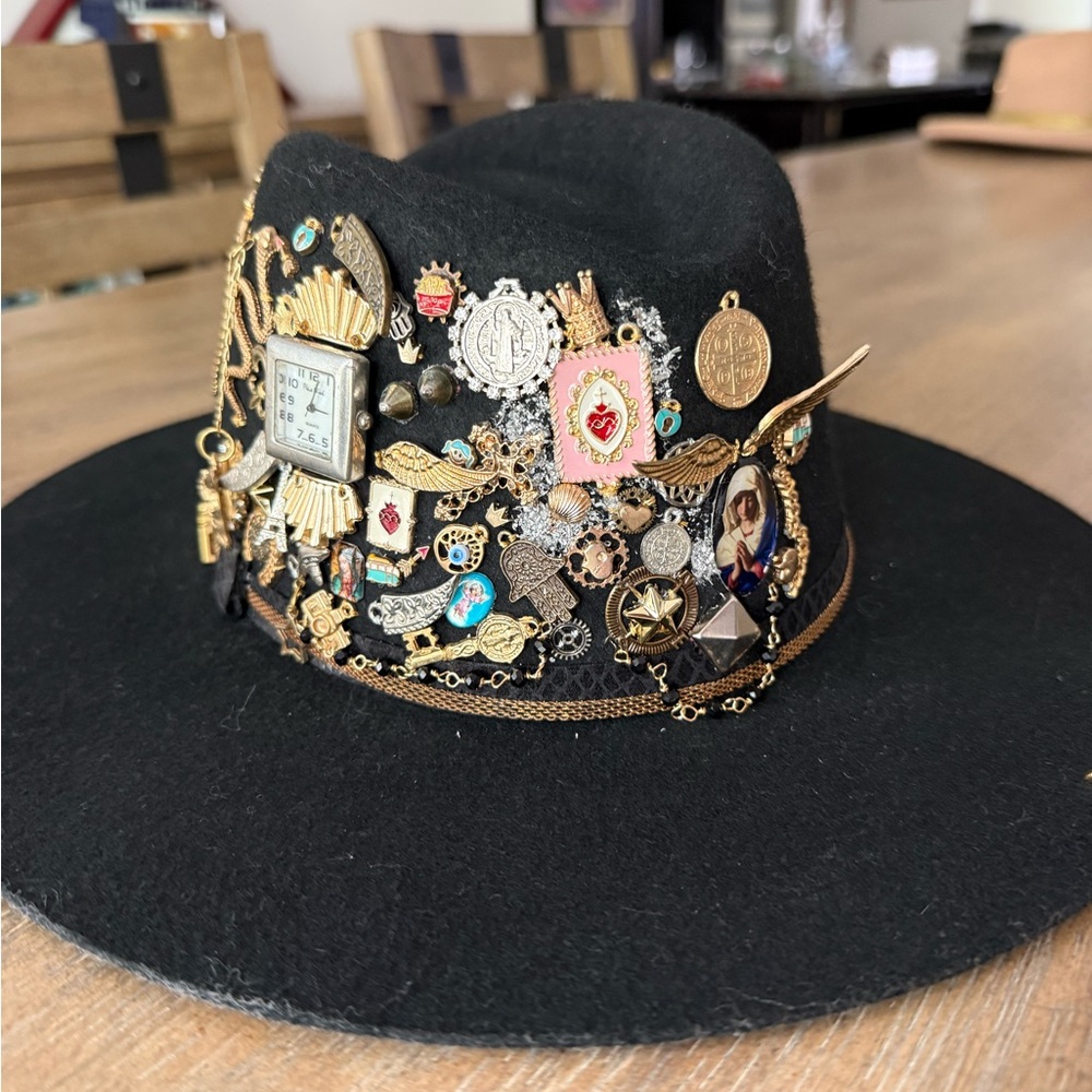 Custom Monna Vintage Embellished Black Hat with Gold Accents